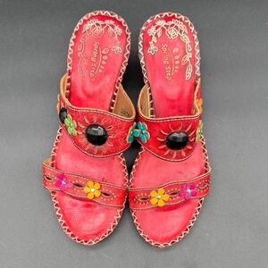 Spring Step Via R Leather Red Floral Slip On Kitten Heels Sandals Size 38 US 7.5